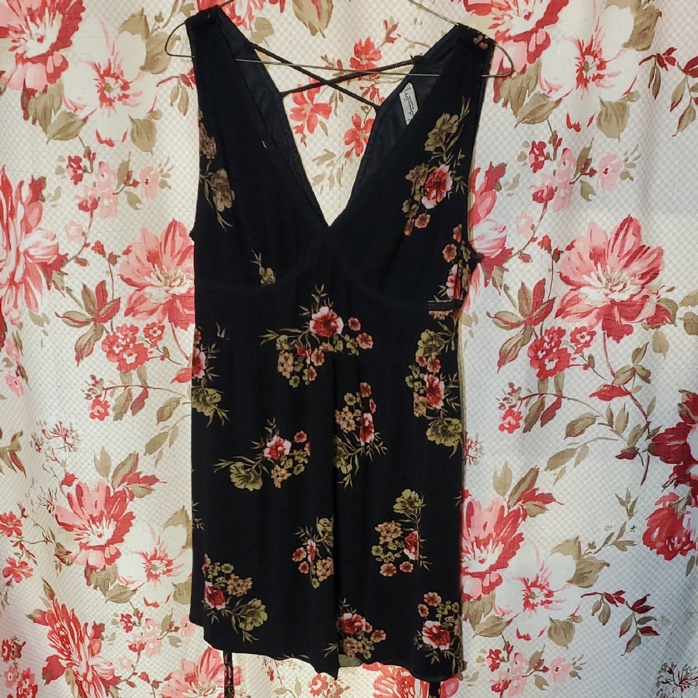 American Rag Black Floral V-Neck Mini Dress with Rose Accents